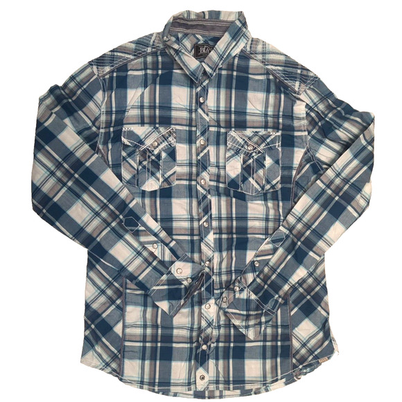 Buckle Pearl Snap Shirt Men's Size Large Blue Plaid Long Sleeve Athletic Fit - Picture 1 of 6